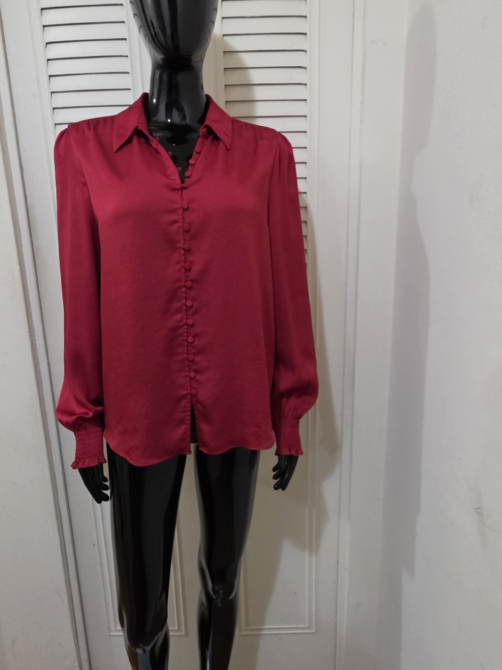 Express Satin Button-Front Blouse in Deep Berry
